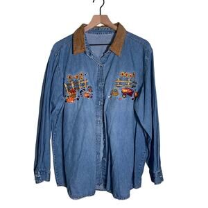 VINTAGe Embroidered Denim Shirt with Fall Thanksgiving design w suede collar XL